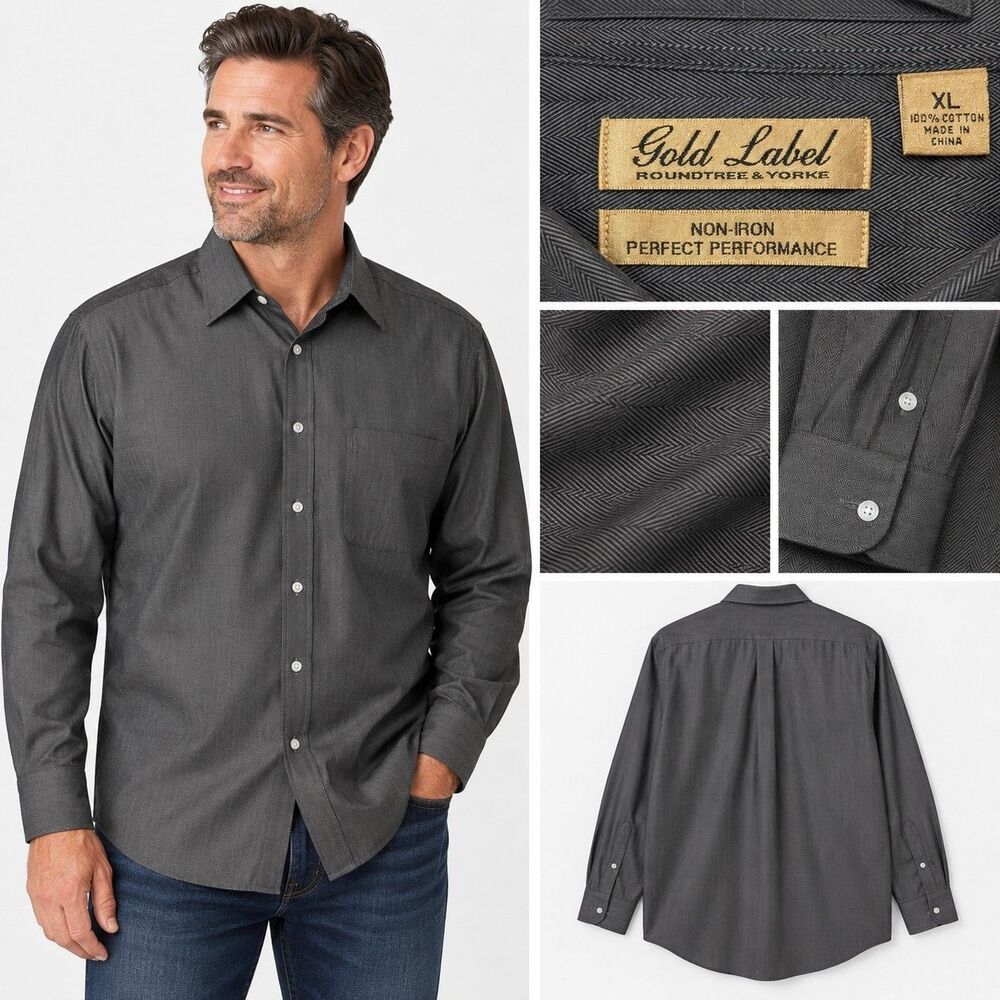 Roundtree & Yorke Gold Label Shirt Mens XL Gray Herringbone Non Iron Cotton